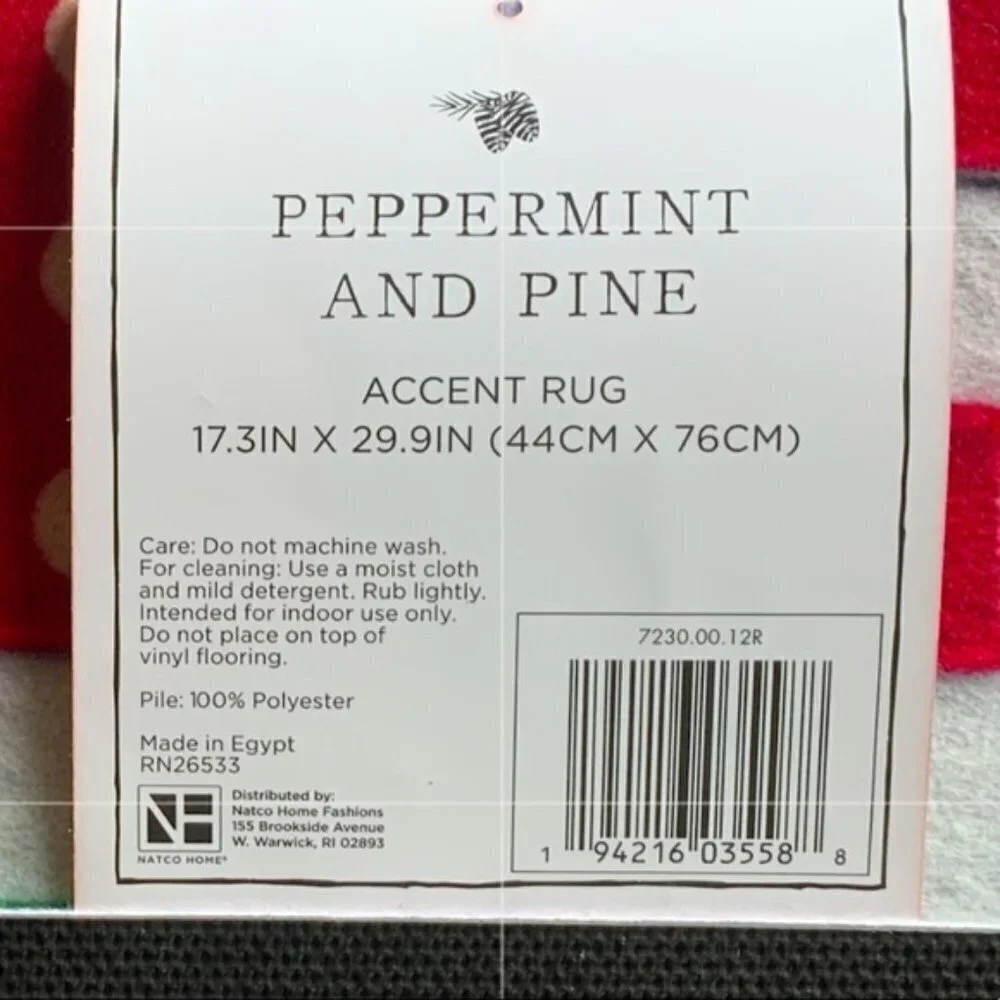 Peppermint & Pine Christmas Rug Door Mat Accent Non Skid  HO HO HO 17.3 X 29.9